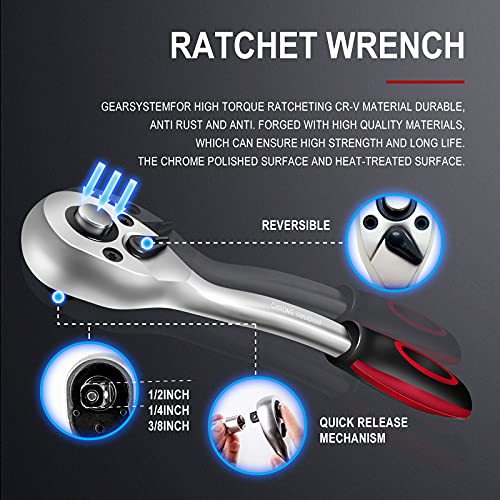 121 Piece Socket Wrench Standard (Sae) And Metric 1/4, 3/8 And 1/2 Drive Socket Set72Tooth Ratchet Wrench, (8-19Mm) Openen Ratcheting Spanner, Fit For Diy Car Motorcycle Repair,Plastic Toolbox Storage #TOP6