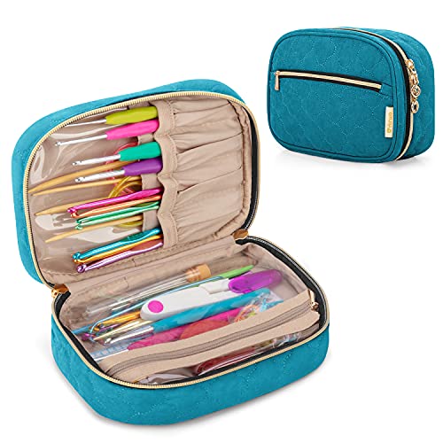 Yarwo Crochet Hook Case, Travel Organiser Bag for Crochet Hooks Aluminum Crochet Hooks, and Crochet Supplies, Teal