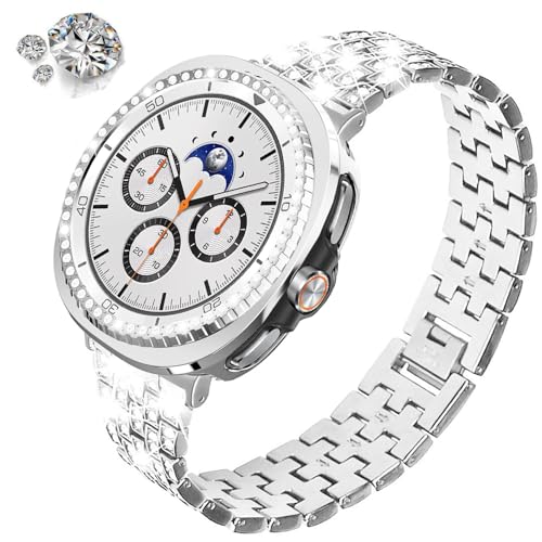 DEALELE Paski i etui kompatybilne z Samsung Galaxy Watch 8 Classic 46 mm, błyszcząca metalowa bransoletka z kryształem górskim z etui ochronnym i błyszczącym pierścieniem, zamiennik dla kobiet