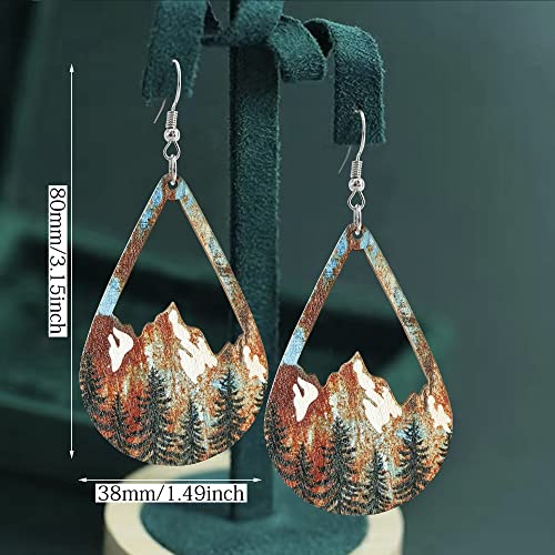 Handmade Bohemian Colorful Vintage Nature Wooden Mountain Dangle Drop Earrings Boho Lightweight Wood Hollow Teardrop Hook Earring with Tree Pattern for Women Statement Outdoor Enthusiast Jewelry Gifts2
