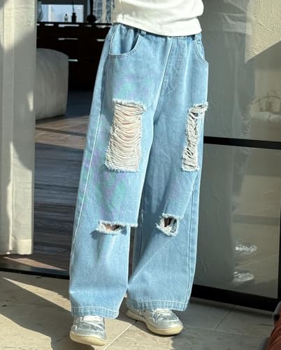 Girls Elastic Waist Ripped Jeans Cute Baggy Hole Jeans Wide Leg Distressed Denim Pants with Pockets3