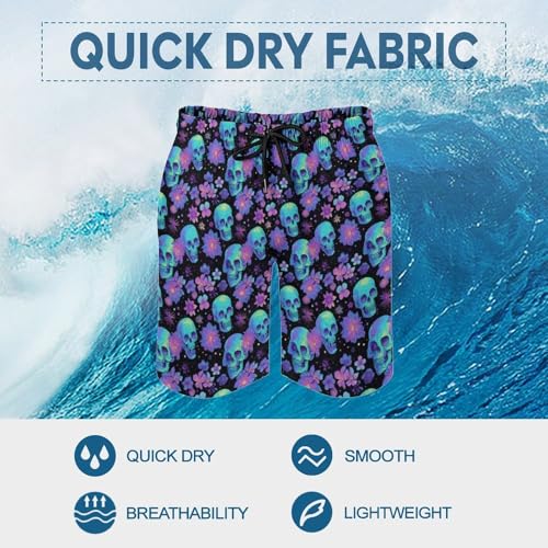 Hawaiian Shorts for Men - Comfy Purple Flower Blue Skull Print Mens Swim Trunks Bathing Suits with Mesh Lining3