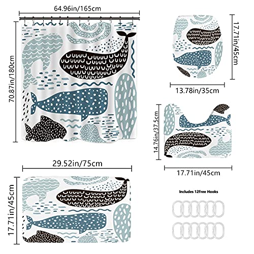 White Curtains For Bathroom Decor 71X65 In,Black Abstract With Nautical Sea Animal Shower Curtain,Seal Whale Octopus Fish Shower Curtain Set With Rugs And 12 Hooks - Blue #TOP5