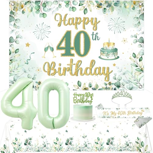 Kit déco 40e anniversaire vert sauge avec ballons en aluminium et nappe