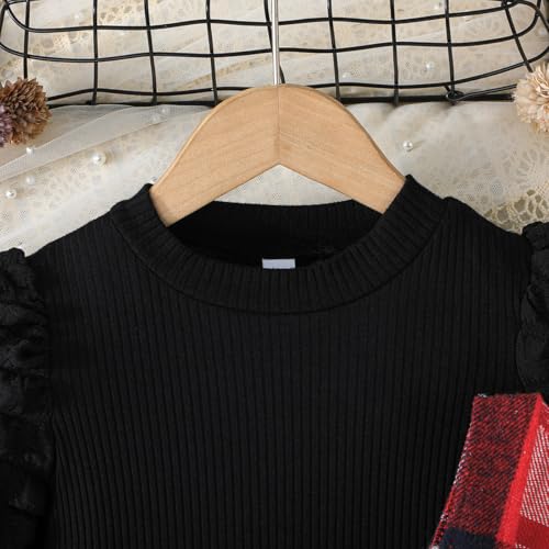 Image of Toddler Girls Christmas Outfits Girls Puff Sleeve Knit Ribbed Tops Button Down Vest Plaid Skirt Set Winter Clothes