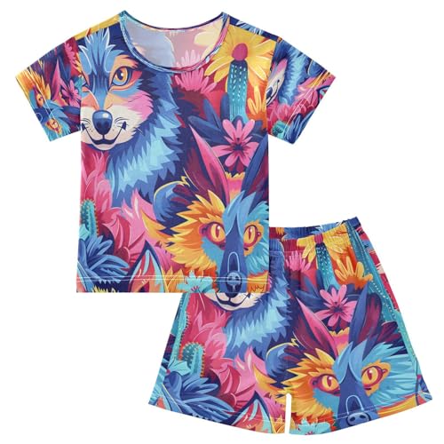 senya Short Sleeve Pajamas Sets Summer Cotton Sleepwear Wolfs Face Bright Colors
