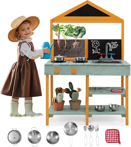 Mud Kitchen, Wood Outdoor Play Kitchen for Toddlers, Transpa