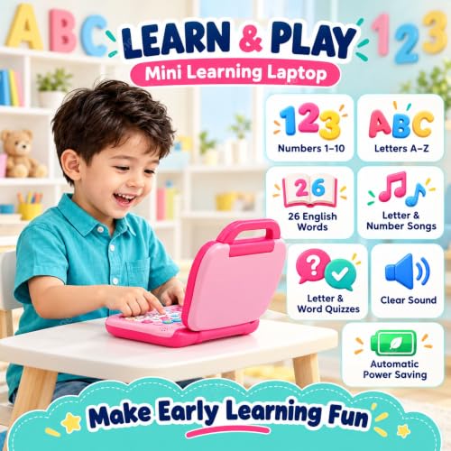 Image of Graphene Educational Learning Laptop Toy Mini Computer for Kids Tablet Led Display Music Games Fun Activities Baby Laptop Battery Operated Indoor Toys Gift for 2 3 4 5 Years Girl Boy Pink