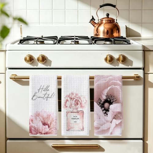 Image of 3 Pcs Pink Hand Towels, Perfume Flower Decor Reusable Dish Towels | Fashion Gifts for Women Girls Mom Friend, Waffle Weave Microfiber Towels for Bathroom Home Decor 24x14 Inch