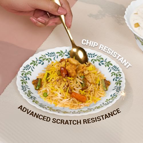 Image of Treo By Milton Opalware Aurelia Verdinia Dinner Set of 13 | Serving for 4 | Microwave & Dishwasher Safe | Bone-Ash Free | Tempered Toughness | Plates & Bowls | Crockery Set for Dining & Gifting |White