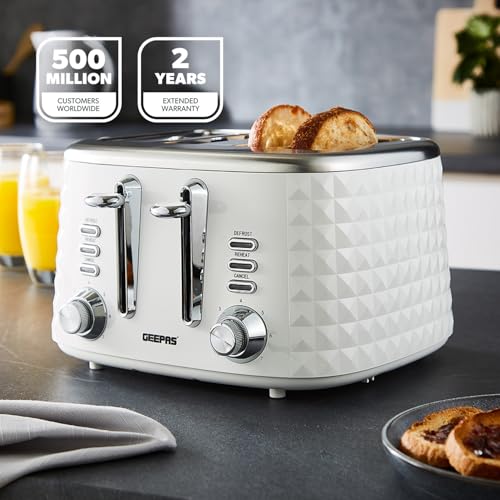 GEEPAS Argyle 4 Slice Toaster | 7 Browning Levels with Cancel Defrost Reheat | For Thin Small Bread Slice | 2 Independent Controls 2 Removable Crumb Trays High Lift | 2 Yr Warranty 1750W White - Image 3