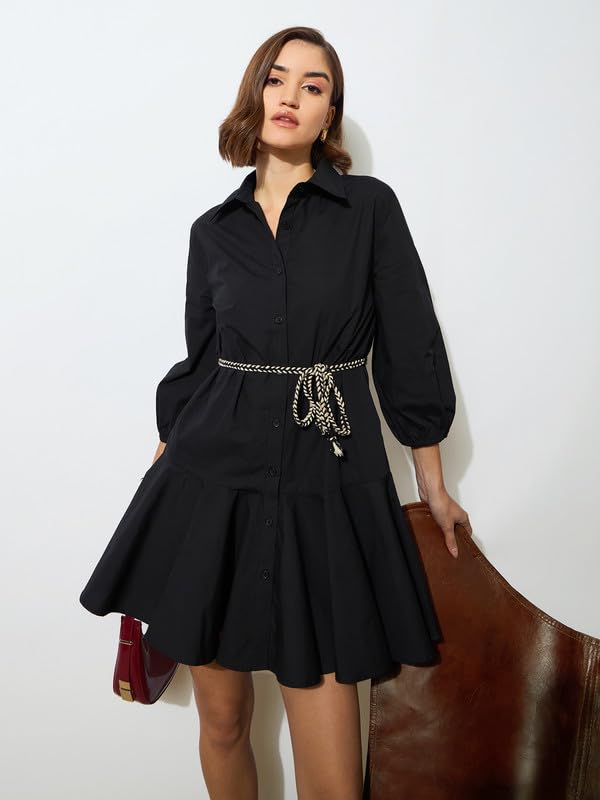 Image of barcino Black Poplin Short Skater Dori-Belt Dress