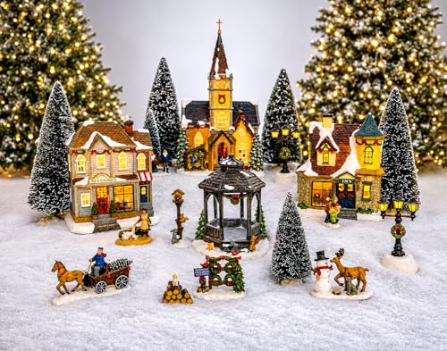 MOMENTS IN TIME 20-Piece Lighted Christmas Village Set with LED Lights Battery Operated Miniature Holiday Town Display Hand-Painted Christmas Houses, Figurines & Trees Gift-Ready Packaging