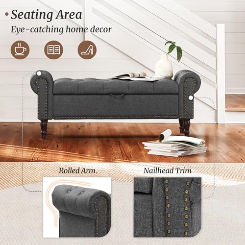 Storage Bench, 50” Queen Linen Tufted Button End of Bed Bench with Rolled Arm and Nailhead Trim, Upholstered Bedroom Bench, Ottoman Bench for End of Bed, Living Room, Entryway, Gray