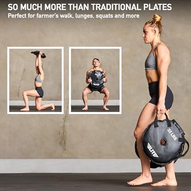 Elite Sports Workout Sand Plates (Set of 2) ¨C Fillable Weight Plates for Olympic Bars ¨C Drop-Proof, Waterproof TPU ¨C 10/15/25/35/45 LB Options ¨C Strength Training, CrossFit, Home Gym