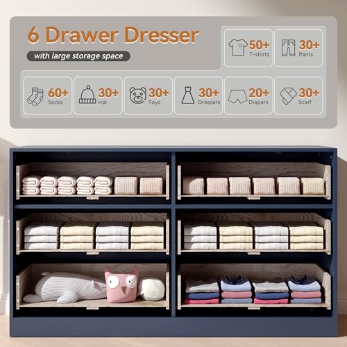 Image of Blue 6 Drawer Dresser for Bedroom,55 inch Wide Fluted Dresser with Gold Handles, Modern Chest of Drawer for Bedroom,Closet, Living Room, Entryway, Hallway(Blue,6 Drawer Dresser)