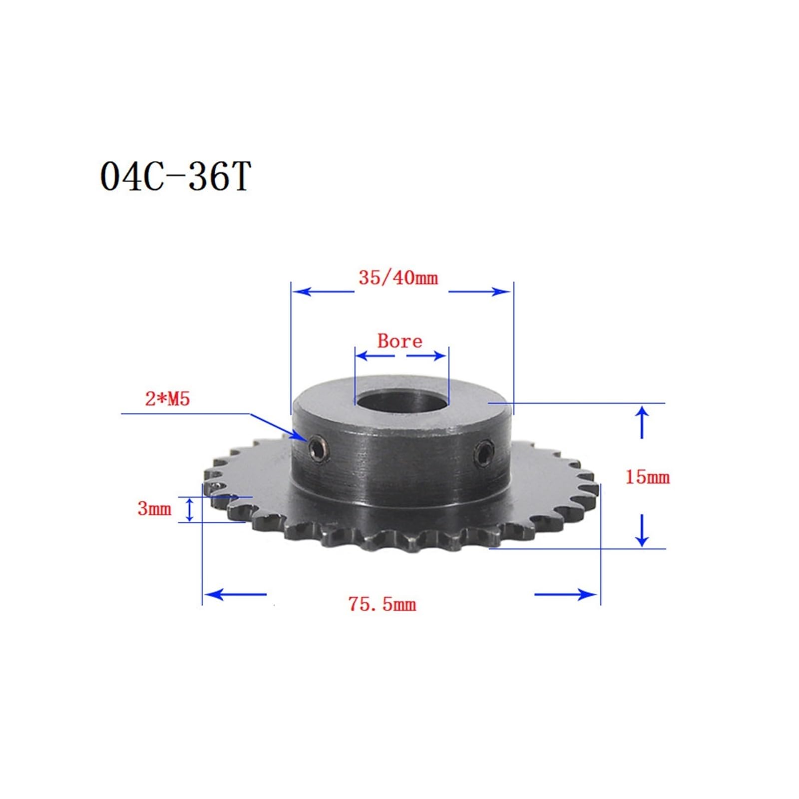 Bevel Gear Pinion Hardware Mechanical 1pcs 04C Chain Gear Steel 30T/36T/40T Teeth Industrial Sprocket Wheel with Top Wire Bore 8 10 12mm(8mm-36 Teeth Steps 40mm)