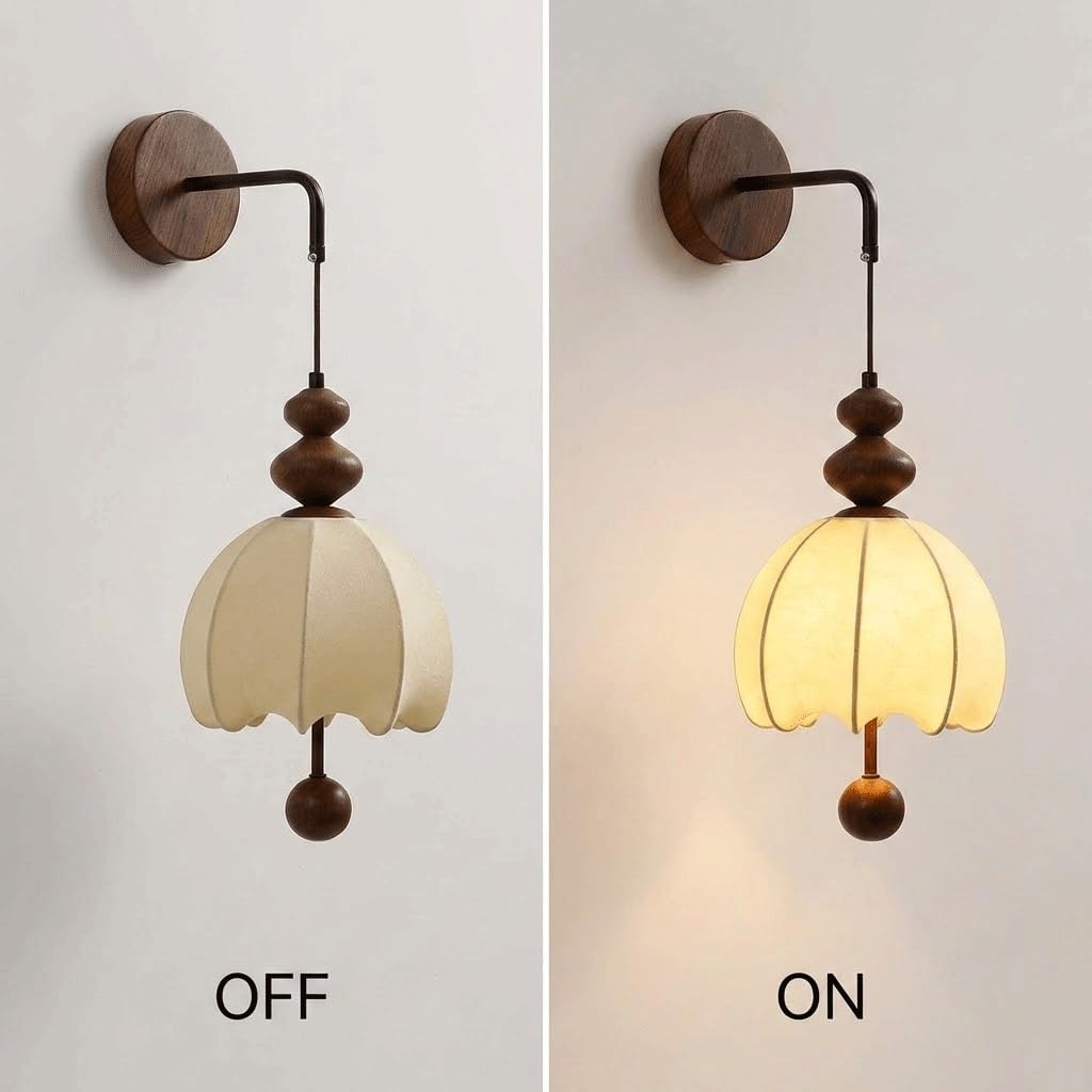 Applique da Parete per Interni, Camera da Letto, corridoio, Tessuto, Lampada in Legno Color Noce, Metallo retrò con Paralume in Tessuto Bianco Crema, Lampada da Comodino per soggio