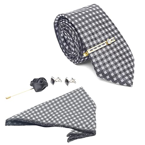Image of LOUIS STITCH Mens Silk NeckTie Golden Tiepin Gift Combo Set With Pocket Square Cufflinks Brooch Tie Golden Tiepin (Suit Accessories) (Britain)