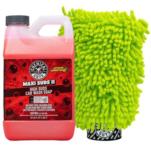 Image of Chemical Guys Maxi Suds II Cherry Scent Car Wash Soap and Chenille Microfiber Wash Mitt Bundle, High Foam Shampoo for Foam Cannons, Guns, and Buckets, Safe for All Paint - 64 Fl Oz