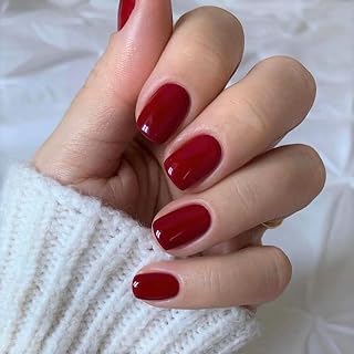 Press On Nail Short - Red Nails Press On Nails Oval, Soft Gel Fake Nails with Nail Glue, Reusable Stick On Nails in 12 Sizes - 24 Fake Nail Kit, Classic Red