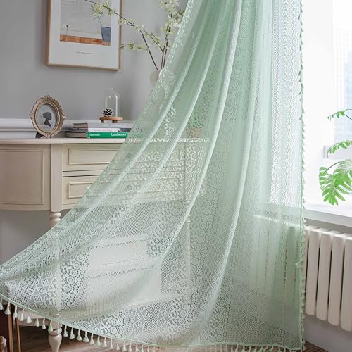 Rideau transparent en crochet vert rustique 150x220 cm avec pompons
