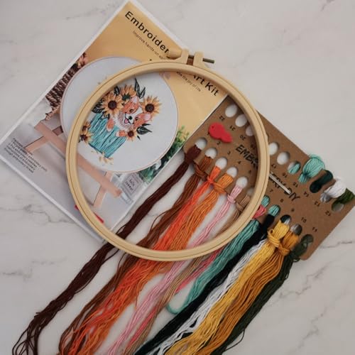Image of Esffaci Embroidery Starter Kit for Adult Beginner with Dog Sunflower Pattern Hand Embroidery Set with Embroidery Cloth Hoop Needle Threader Embroidery Floss and Instruction