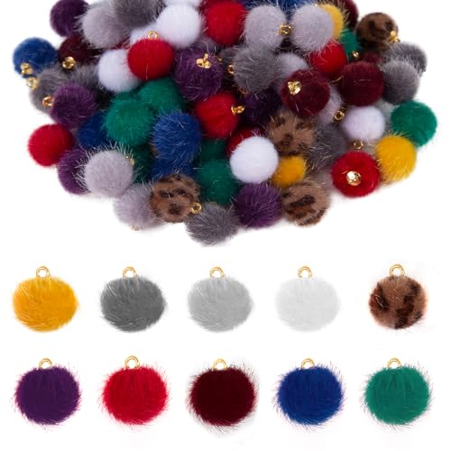 ASUNFO 100 encantos de bola de pompom de pele sintética esponjosa, mini pompons pendentes para porta-chaves de borla, jóias, pulseira, brincos, colar, 10 cores, tecido, sem pedras preciosas, tecido