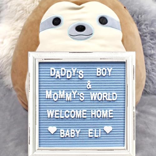 Blue Felt Letter Board Baby Announcement Sign with Rustic Wood White Frame - Rustic Farmhouse Letter Board Sign with Stand - 10x10 Felt Board Changeable Message Board with 350 Letter Set