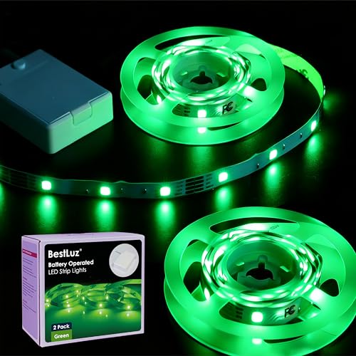 Image of BestLuz Battery Powered LED Strip Lights 2X 3.33ft Flexible Green Light Strip for Bedroom Room Decor, Lighting for Cabinet Shelf Closet TV Backlight