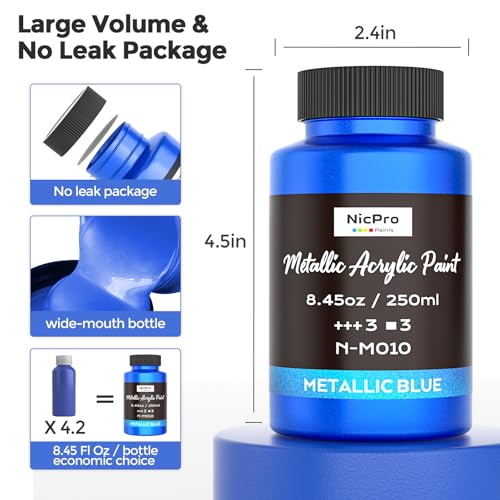 Image of Nicpro Metallic Blue Acrylic Paint, 8.45oz /250ml Large Metallic Paint