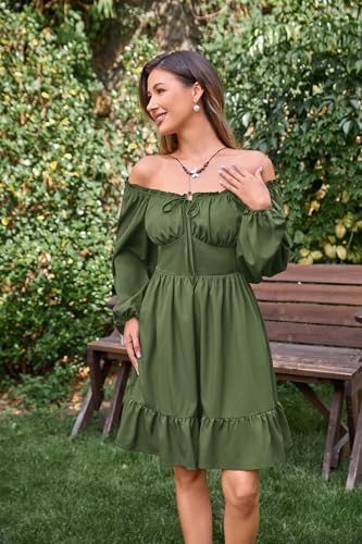 Image of Scarlet Darkness Women's Renaissance Off Shoulder Corset Mini Dress | Puff Sleeve, Lace-Up Front, Smocked, Flowy Fairy, Medieval, Peasant, Cottagecore, for Ren Faire, Pirate, Party, Daily