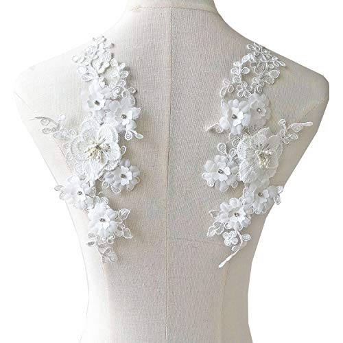 Ivory Lace Applique 3D Beading Lace Motif White Wedding Bridal Patches With Pearl Crystal Details Sew On Gown Dress #TOP24