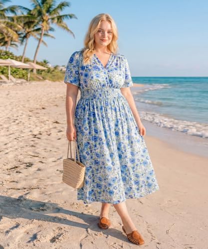 Image of CARCOS Plus Size Dresses for Curvy Women V Neck Summer Maxi Dress Short Sleeve Floral Boho Dress Smocked Waist Beach Dress