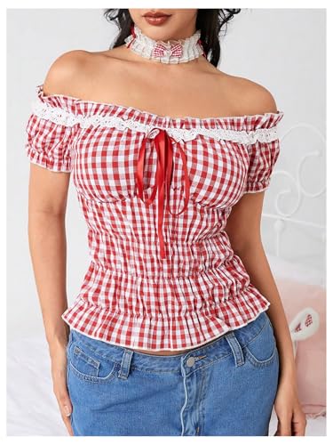 WDIRARA Women's Gingham Plaid Off Shoulder Peplum Top Ruffle Trim Crop Tops4