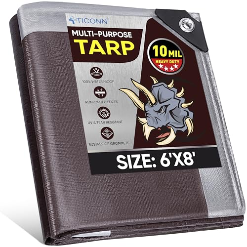 TICONN Heavy Duty Tarp Cover, Extra Thick Tarps Waterproof Tear and Rip Proof UV Resistant Tarpaulin with Reinforced Grommets and Edges (10 Mil, 6'x8')