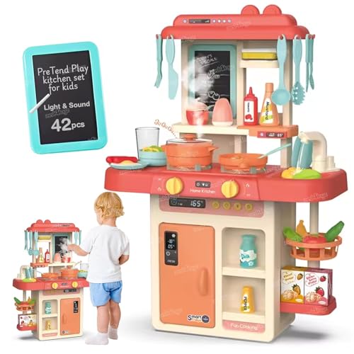 Image of Toys Kitchen Set for Kids Girls Big Cooking Set Light and Sound Pretend Play Toy Battery Operated with Accessories,Pink