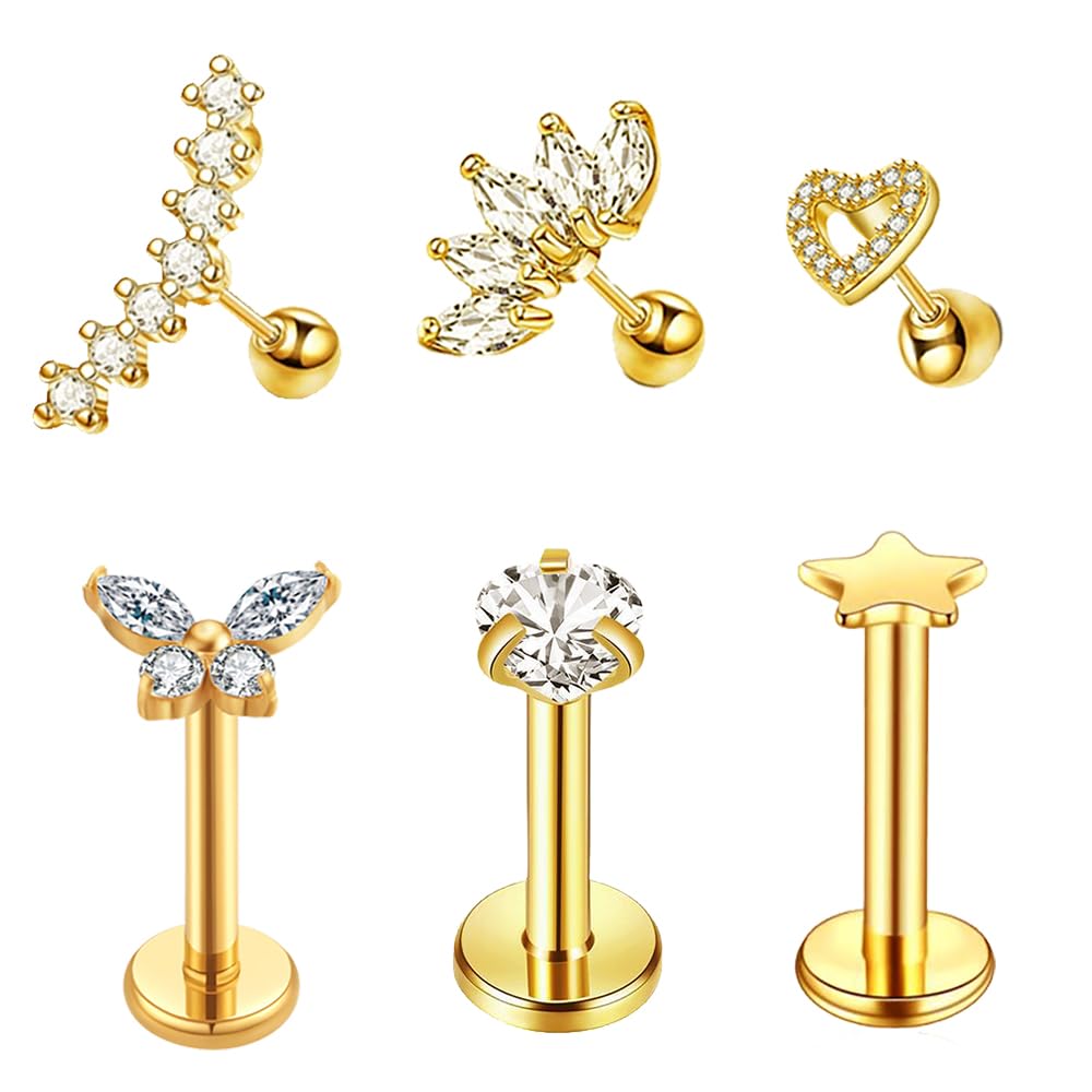 Lucktao Piercing Tragus oro, Piercing Oreja Acero Quirurgico,Tragus Piercing Acero Inoxidable Piercing Labio,oro Cartílago Helix Piercing Oído,Cartílago Pendiente Tragus Labio Helix Piercing Joyas