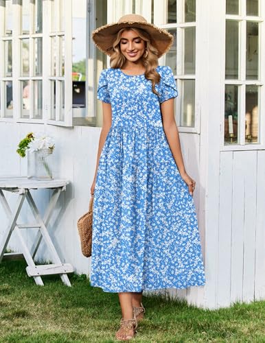 Image of Zeagoo Summer Dresses for Women 2026 Maxi Bohemian Floral Short Sleeve Long Dress Casual Flowy Tired Beach Sundress