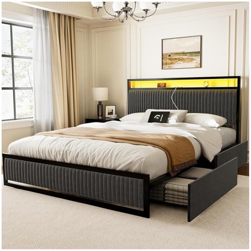 Opiniones de Base para Cama King Size Con Cajones disponible en línea. 42 HOMELYA Base Cama Queen Size - Cabecera de Cama Acolchada Terciopelo con Luces LED - Estación con 1 Puerto USB y 1 Puerto C - Base Queen con Dos cajones - Marco de Cama Queen Size...