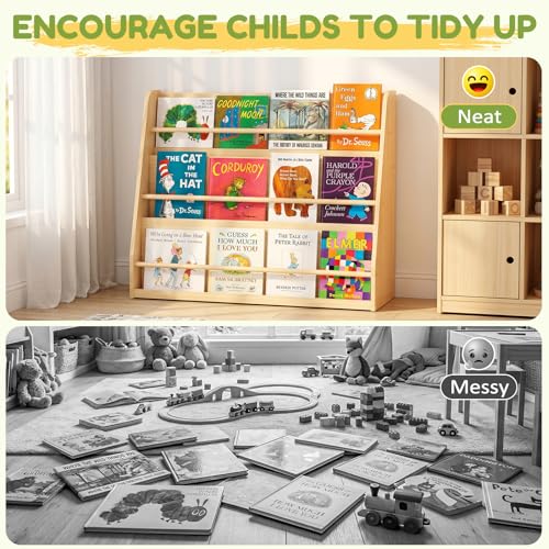 Image of XiaZ Kids Bookshelf, 3-Tier Wooden Montessori Display for Toddlers | Solid Pine Wood, Stable Trapezoid Base, Rounded Corners, Front Display, Compact, Holds 40-60 Books, Easy 20-min Assembly