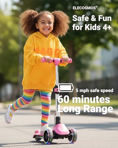ELECOSMOS Safe Electric Scooter for Kids 4+, Balance for Beginner, Thumb Throttle, Flash Deck, Extra Wide Light Up Big Wheels, Adjustable Heights, 5 MPH Safe Speed, UL2272 Certified