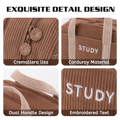 Image of EASTHILL Corduroy Hand-held Pencil Case Large Cute Pencil Pouch Stationery Pen Bag for Teen Girls-Brown