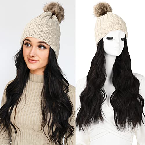 LONAI Beanie Hat Wig,Knit Hat with Hair for Women, Beige Knit Hat Wig with 18" Black Brown Long Wavy Hair Extension for Winter, Beige Beanie Hat with Faus Fur Pom Hat Attached for Gril Daily Wear