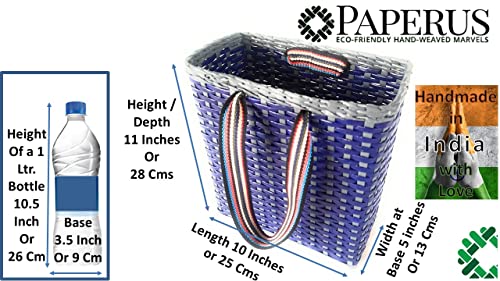 Image of Paperus, Small Blue & Grey, Lunch Bag, Carry Bag, Handbag, Tiffin Basket, Eco-Friendly, Handmade, of Paper Ropes 11 in Tall 10 in Length 5 in Wide Base