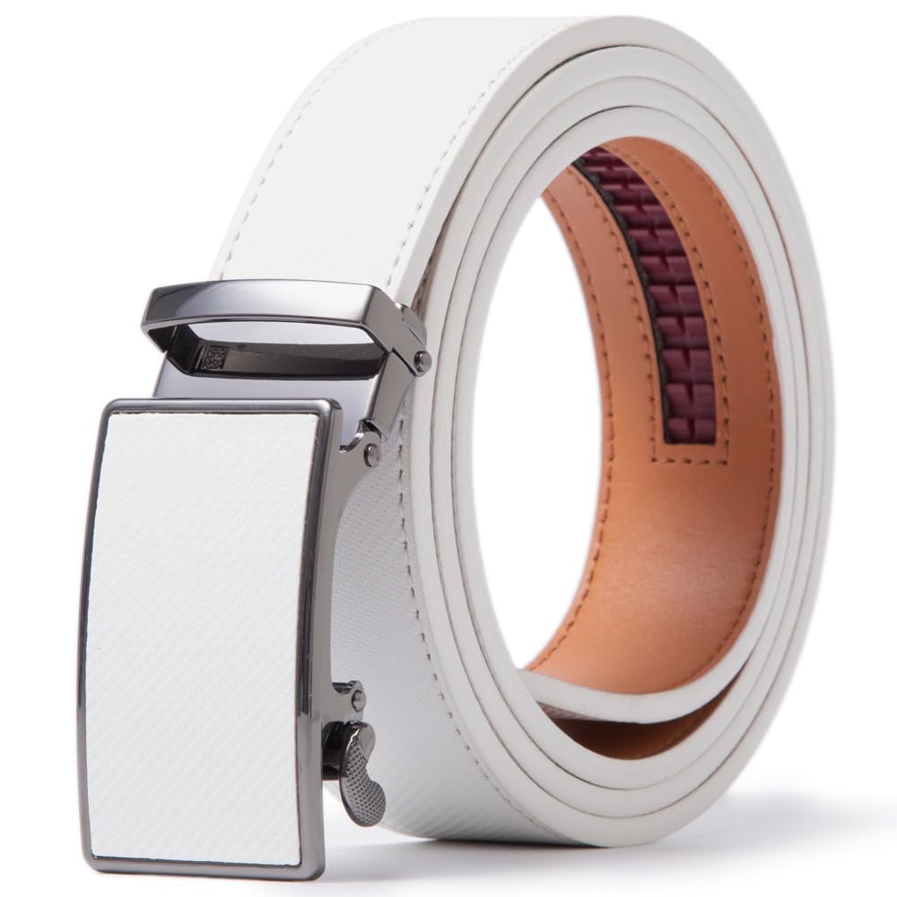 ayamoti Genuine Leather Slide Ratchet Belt Men Multicolored Unisex Customizable Fit, White, Waist 28''-46