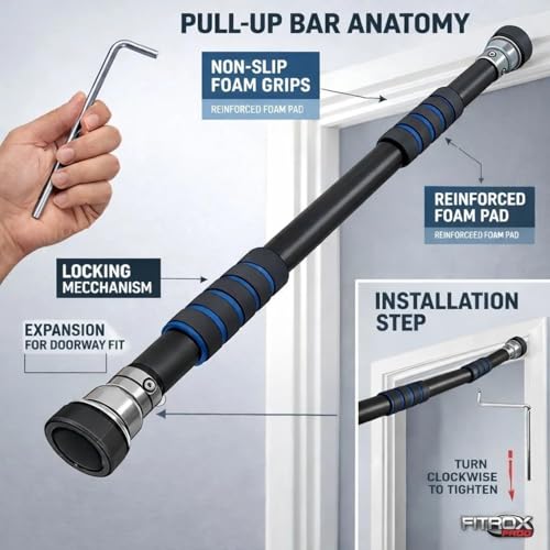 Image of Doorway Pull-Up Bar, Adjustable Chin-Up Bar with Foam Grip, Black and Blue, Home Gym Workout
