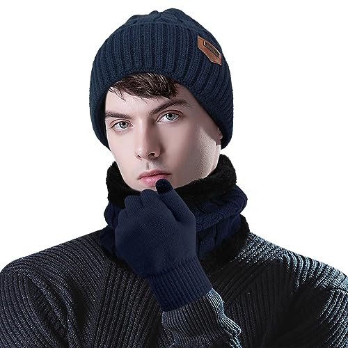 Image of Loritta Winter Hats for Men, 3 PCS Fleece Beanie Scarf Gloves Set