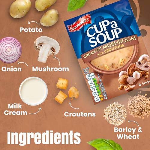Image of Batchelors Cup A Soup Cream of Mushroom with Croutons Instant Mix 99g (4 Sachets) | Creamy Mushroom with Shiitake | Low Fat Vegetarian | Just Add Hot Water