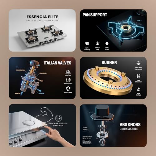Image of Haute Essencia Elite series 4 Burner Manual Gas Stove | 1.2 MM Stainless Steel body 5 year warranty| Door Step service | 2 year product Warranty by Haute Home
